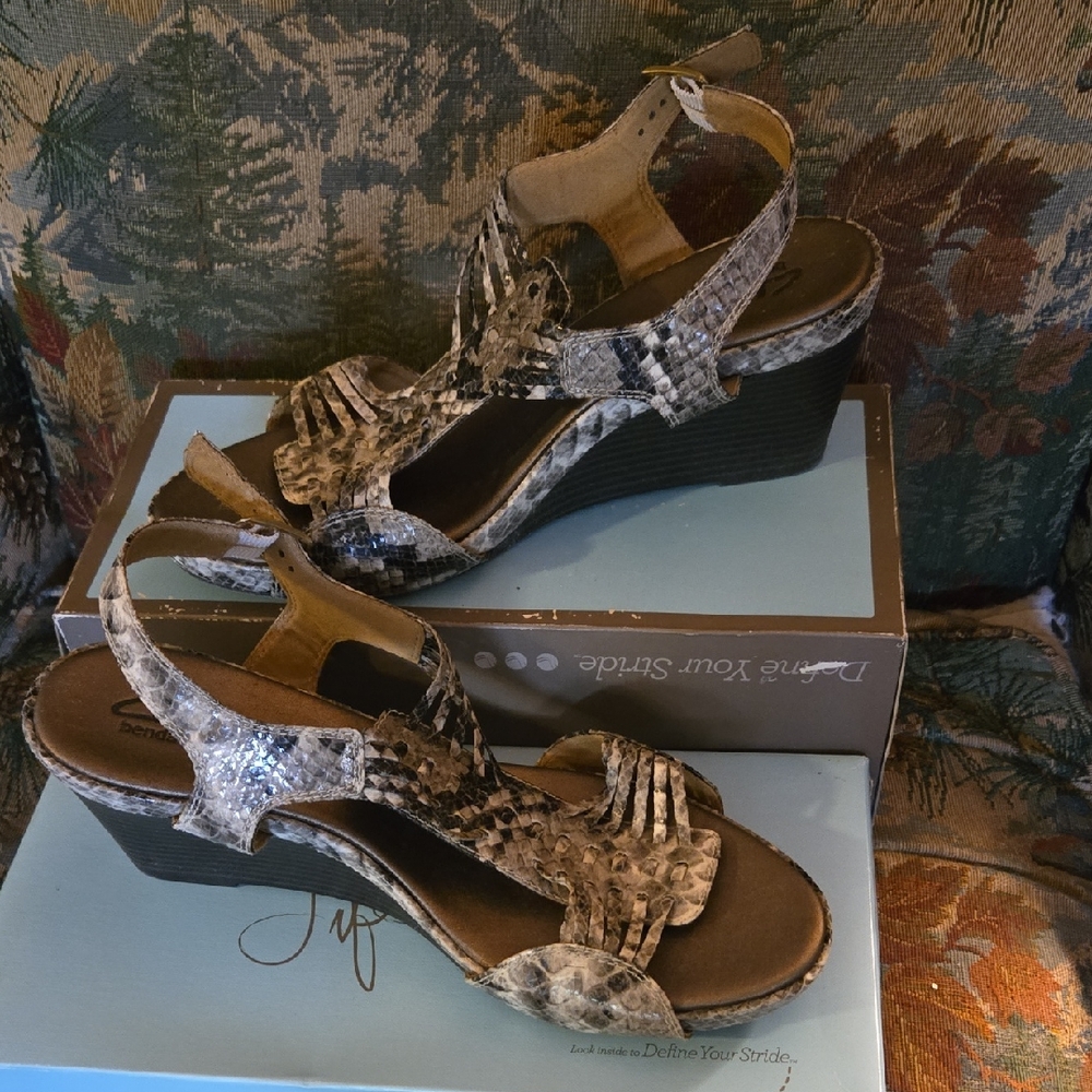 Clarks Brown Snake Print Wedges